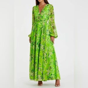 Mac Duggal Green Wrap Tie Front Gown with Bishop Sleeves